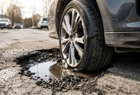 Car wheel next to a deep pothole showing how road damage can affect tires and rims